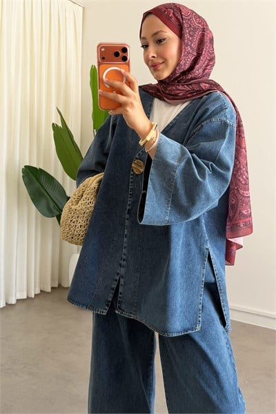 Dügmeli Denim Takım - Açık Kot