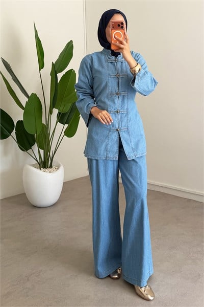 Dügmeli Denim Takım - Açık Kot