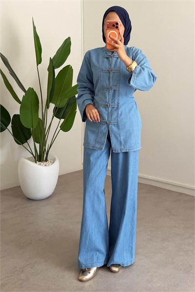 Dügmeli Denim Takım - Açık Kot