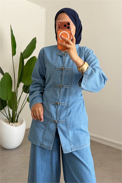 Dügmeli Denim Takım - Açık Kot