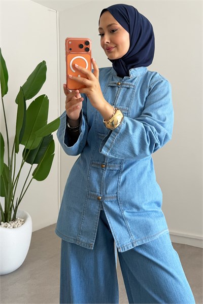 Dügmeli Denim Takım - Açık Kot