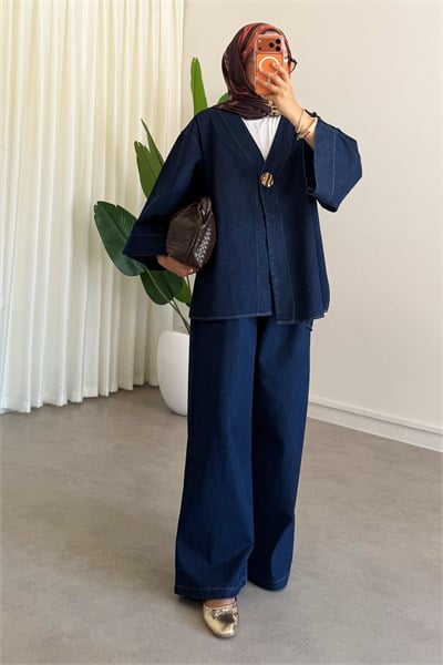 Dügmeli Denim Takım - Koyu Kot