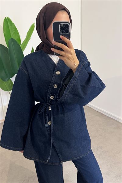 Düğmeli Denim Takım - Koyu Kot