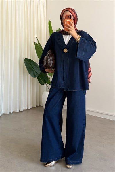 Dügmeli Denim Takım - Koyu Kot