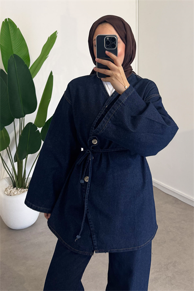 Düğmeli Denim Takım - Koyu Kot