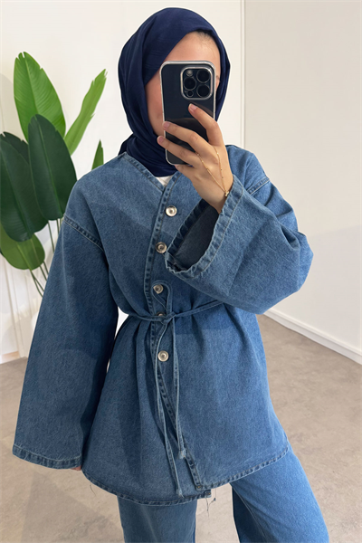 Düğmeli Denim Takım - Açık Kot