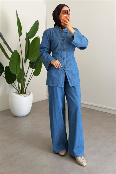 Dügmeli Denim Takım - Koyu Kot