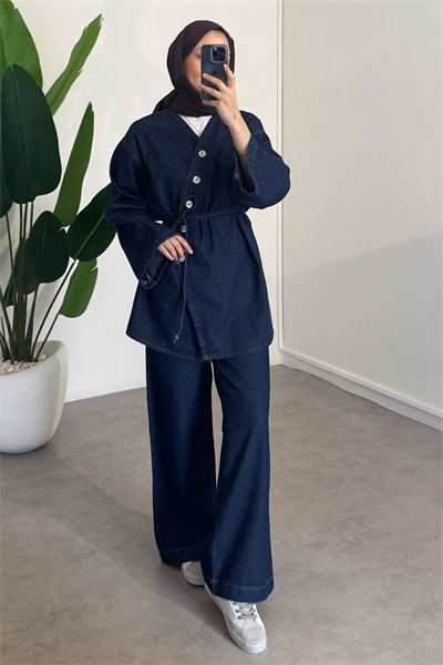 Düğmeli Denim Takım - Koyu Kot