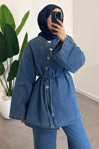 Düğmeli Denim Takım - Açık Kot