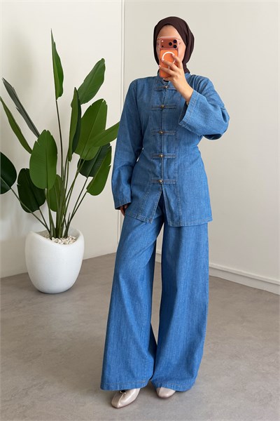 Dügmeli Denim Takım - Koyu Kot