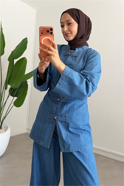 Dügmeli Denim Takım - Koyu Kot