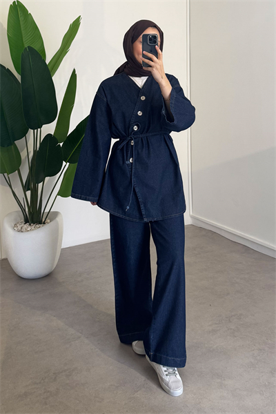 Düğmeli Denim Takım - Koyu Kot
