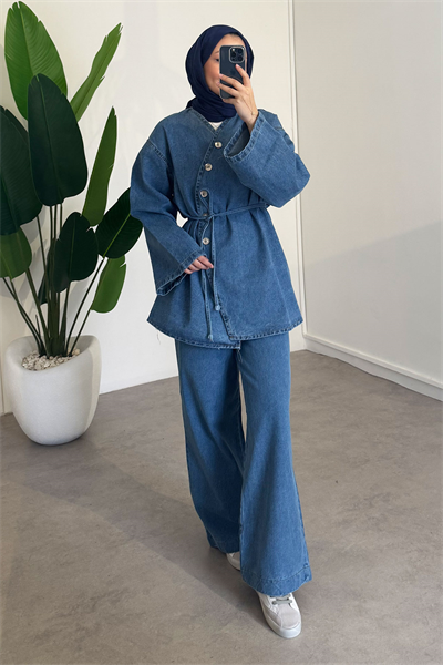 Düğmeli Denim Takım - Açık Kot