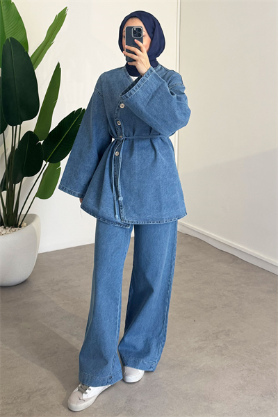 Düğmeli Denim Takım - Açık Kot