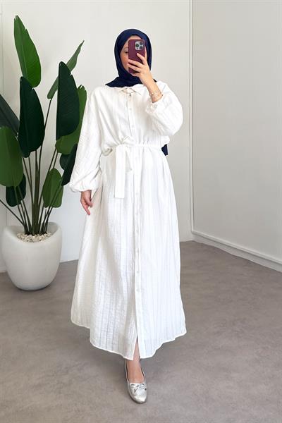 Düğmeli Elbise - Beyaz