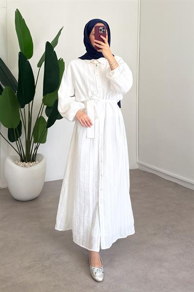 Düğmeli Elbise - Beyaz