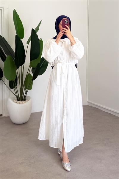 Düğmeli Elbise - Beyaz