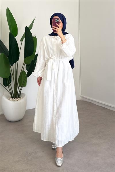 Düğmeli Elbise - Beyaz