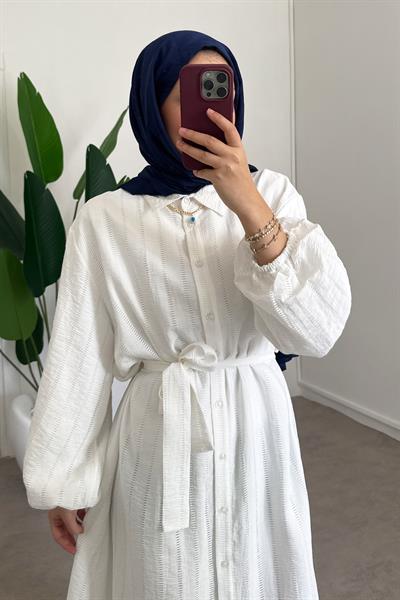 Düğmeli Elbise - Beyaz