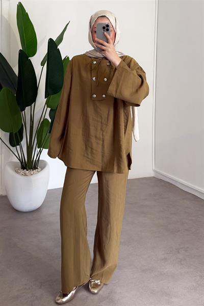 Düğmeli Fermuarlı Takım - Olive