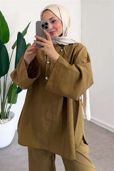 Düğmeli Fermuarlı Takım - Olive