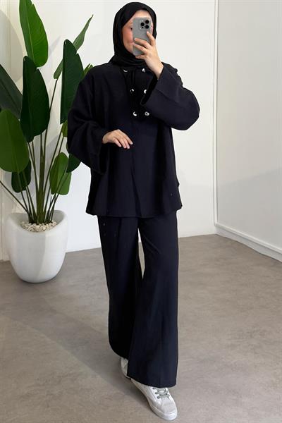 Düğmeli Fermuarlı Takım - Siyah