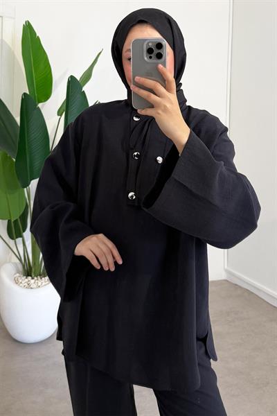 Düğmeli Fermuarlı Takım - Siyah