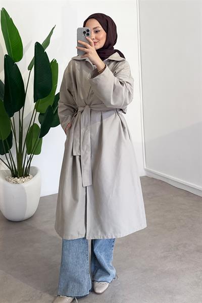 Düğmeli Gabardin Trençkot - Bej