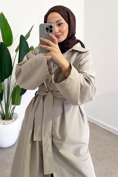 Düğmeli Gabardin Trençkot - Bej