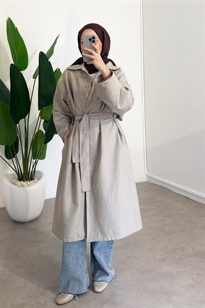 Düğmeli Gabardin Trençkot - Bej