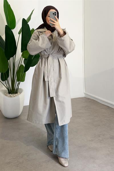Düğmeli Gabardin Trençkot - Bej