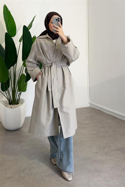 Düğmeli Gabardin Trençkot - Bej