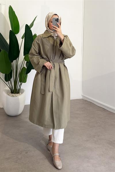 Düğmeli Gabardin Trençkot - Çağla Yeşil