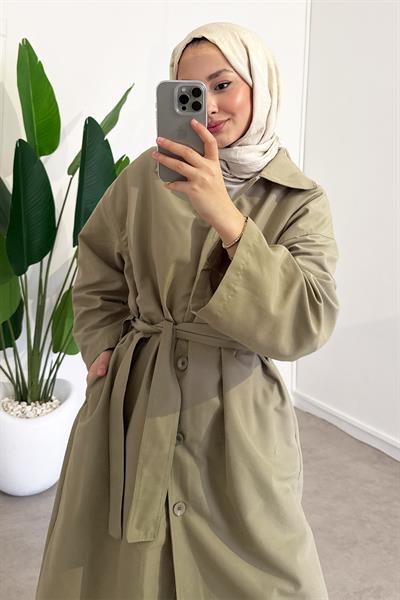 Düğmeli Gabardin Trençkot - Çağla Yeşil