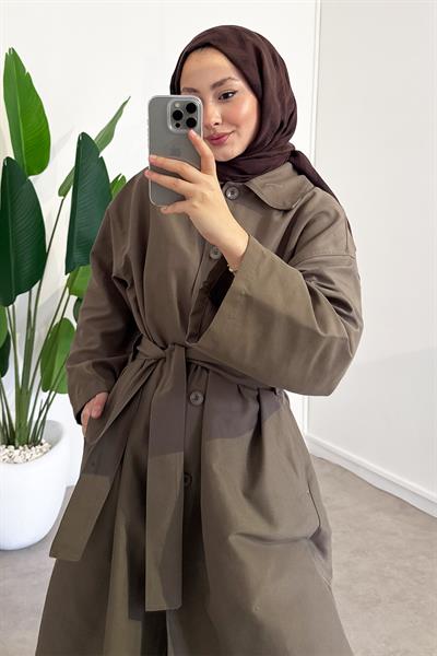 Düğmeli Gabardin Trençkot - Vizon