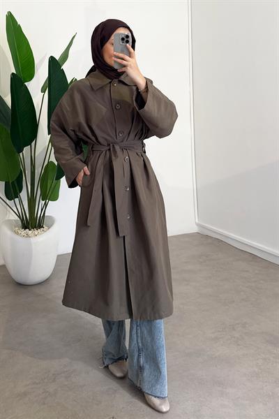 Düğmeli Gabardin Trençkot - Vizon