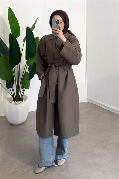 Düğmeli Gabardin Trençkot - Vizon