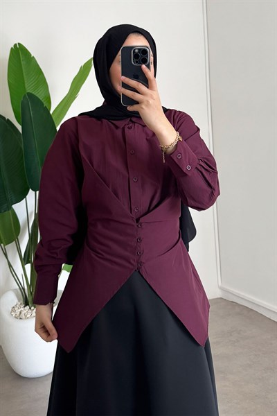 Düğmeli Gömlek - Bordo
