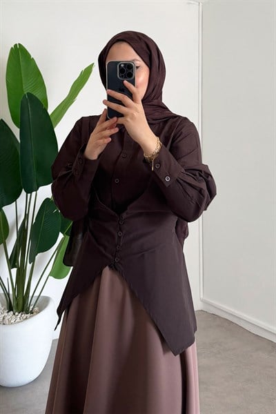 Düğmeli Gömlek - Kahverengi