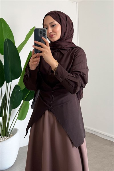 Düğmeli Gömlek - Kahverengi