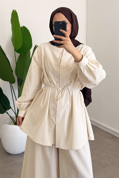 Dügmeli Keten Takım - Bej