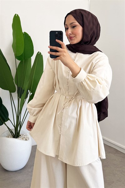 Dügmeli Keten Takım - Bej