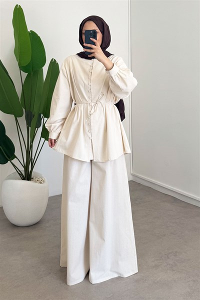 Dügmeli Keten Takım - Bej