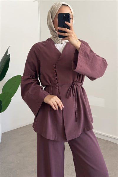 Düğmeli Keten Takım - Bordo