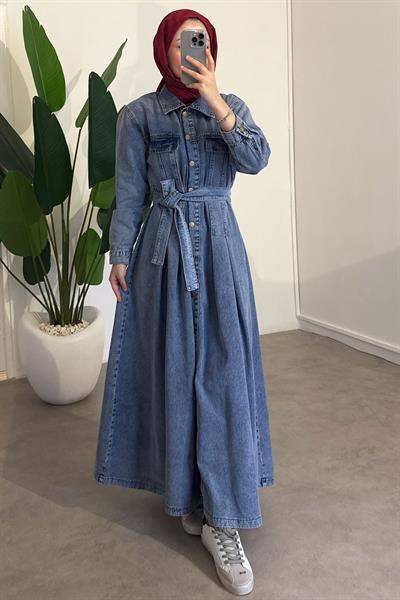 Düğmeli Kot Elbise - Açık Kot