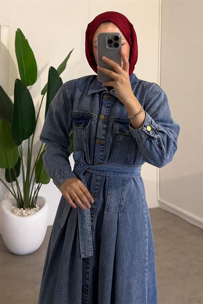 Düğmeli Kot Elbise - Açık Kot