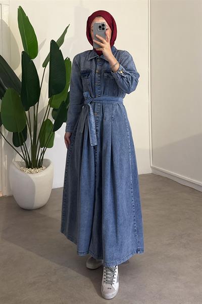 Düğmeli Kot Elbise - Açık Kot