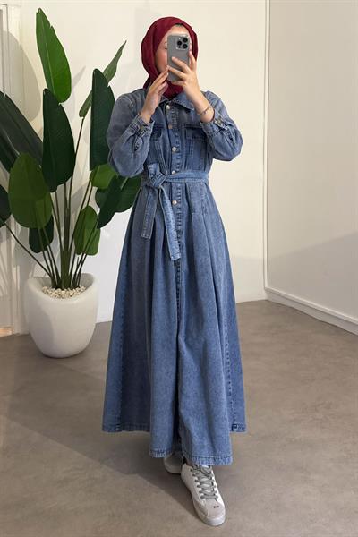 Düğmeli Kot Elbise - Açık Kot