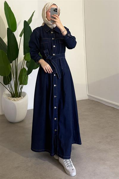 Düğmeli Kot Elbise - Koyu Kot