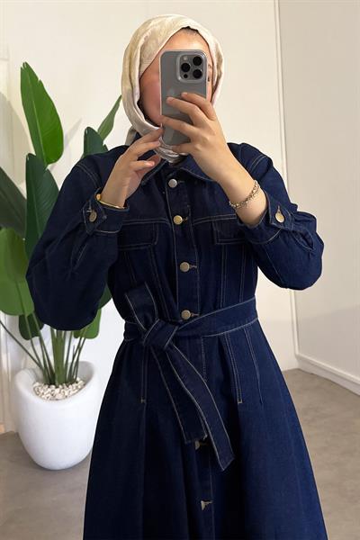 Düğmeli Kot Elbise - Koyu Kot